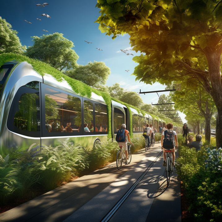 An AI generated image of a tram covered in greenery with bikes and birds 